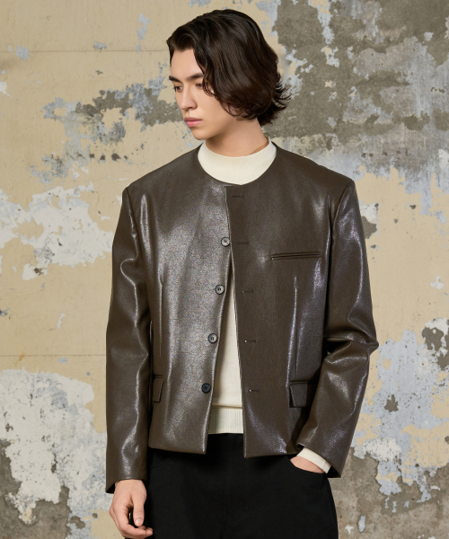 Кроп-куртка без воротника 25 FW_кожа (Smoky Khaki)