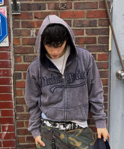 WASHED CUT OFF APPLIQUE HOOD ZIP UP NAVY(MG2FFMM496A)