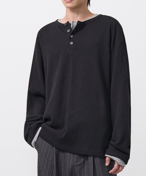 HENLEY NECK WAFFLE LONG SLEEVEE (черный)