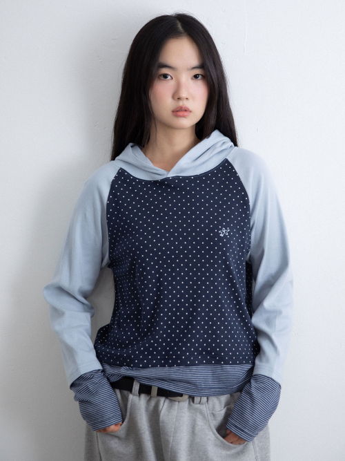 DOT STRIPE LAYERD HOODED L/S TEE_LIGHT BLUE(IK2FFFT554A)