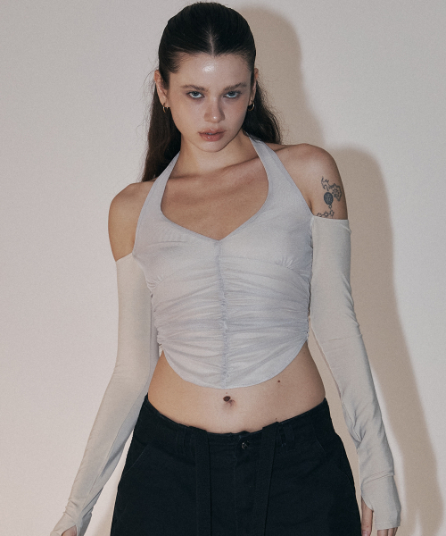 Riley Mesh Shirring Long Sleeve Top (Skin)