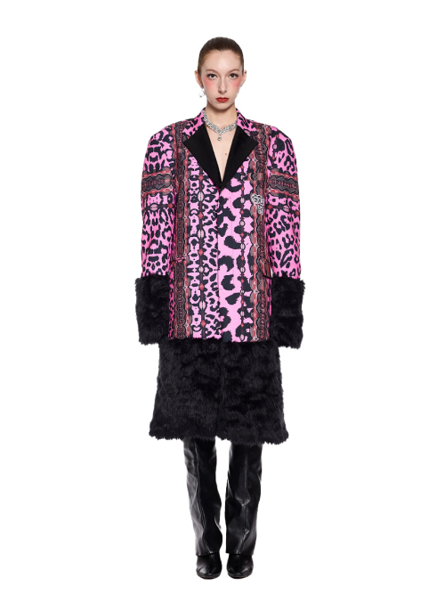 Leopard Slogan пальто with Fur Trimming