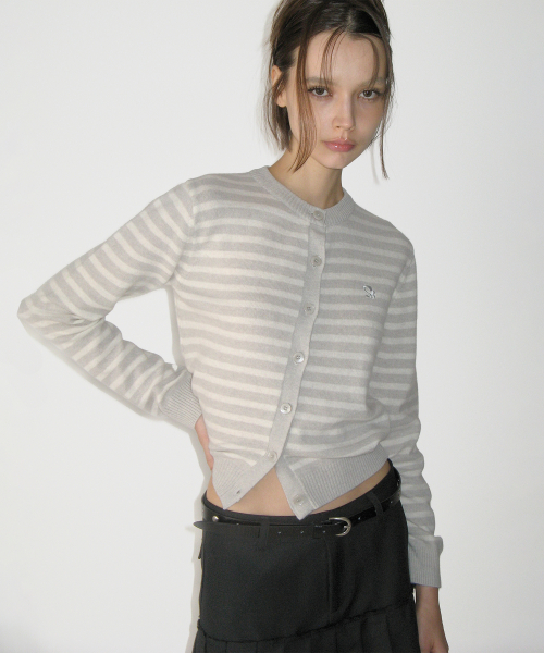 Cashmere Stripe Round Cardigan, LIGHT GRAY