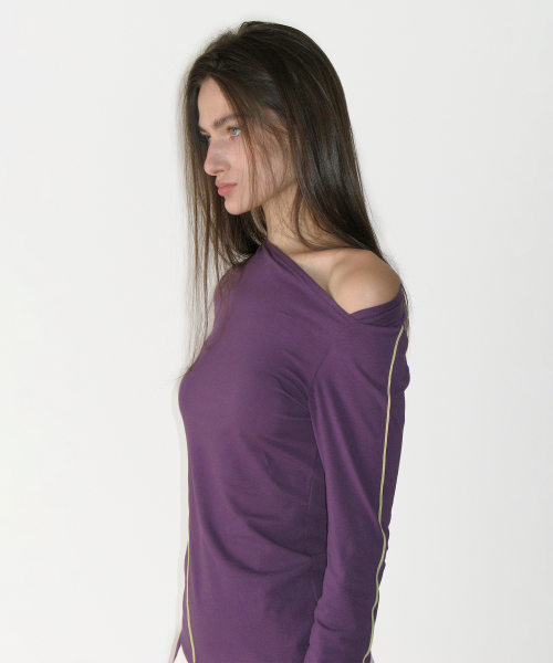 Asymmetric Paneled Long Sleeve Top, PURPLE