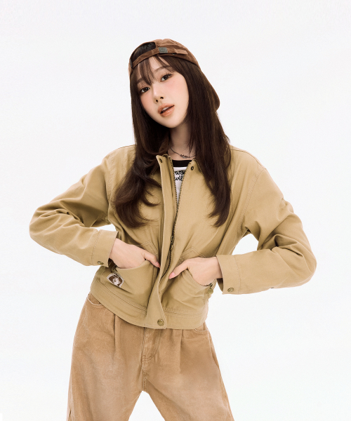 우먼스 카라배색 워싱 코튼 자켓 베이지