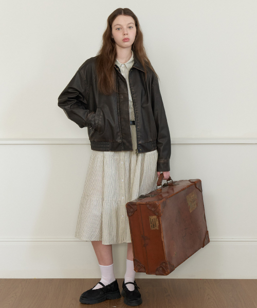 Dusty vintage snap leather jacket - brown