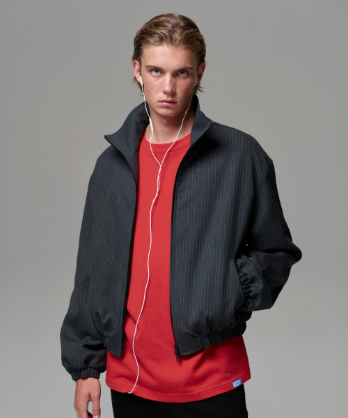 UNISEX PINSTRIPE HIGHNECK ZIP-UP BLOUSON - CHARCOAL GRAY