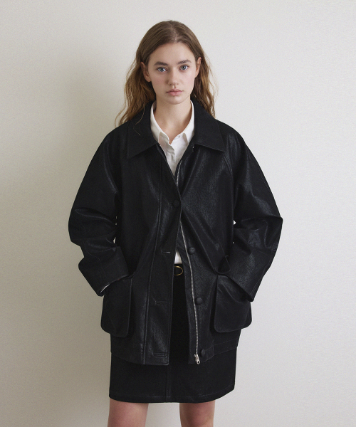 Кожаная куртка оверсайз Ncase Overfit Half Leather Jacket_Subtle Black