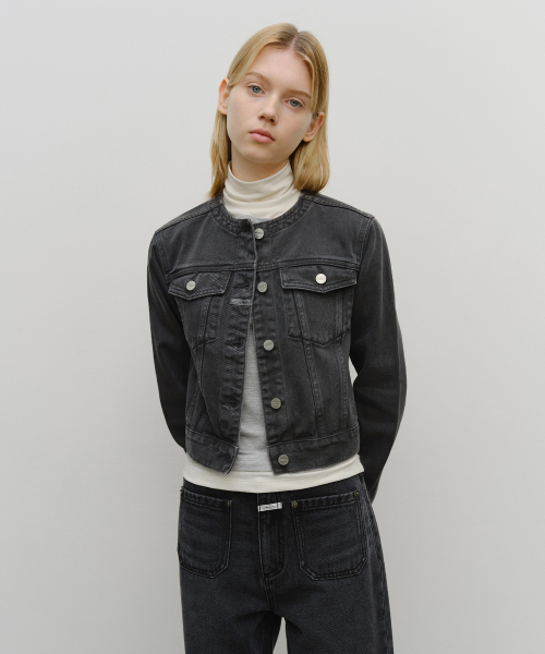 W COLLARLESS DENIM JACKET dark gray