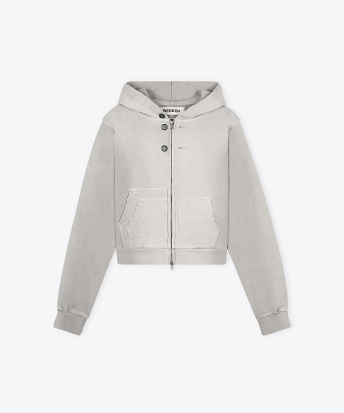 [WOMEN] DOUBLE POCKET CROPPED WASHED ZIP-UP HOODIE (GREY)