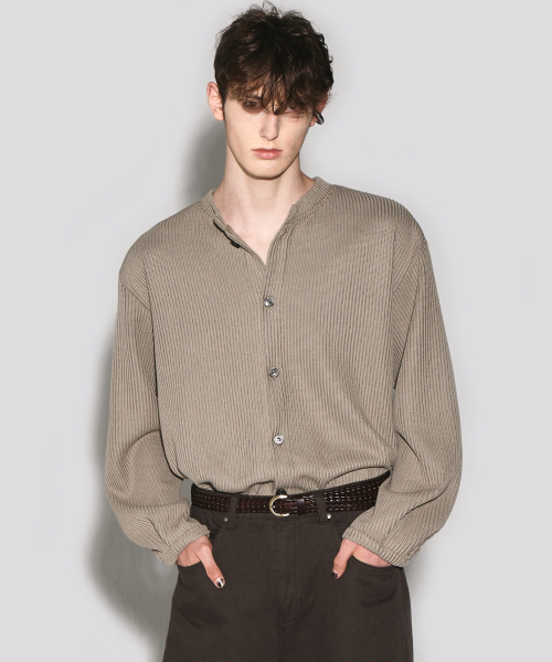 Crew neck balloon sleeve cardigan khaki beige