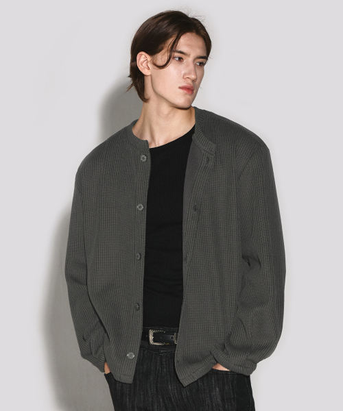 Crew neck balloon sleeve cardigan dark grey