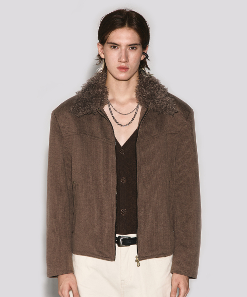 Dust line fur collar herringbone jacket brown