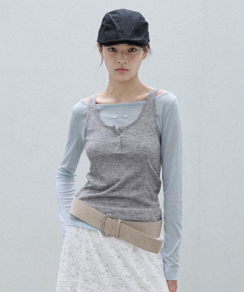 SLEEVELESS LAYERED T-SHIRT SET BL+GY