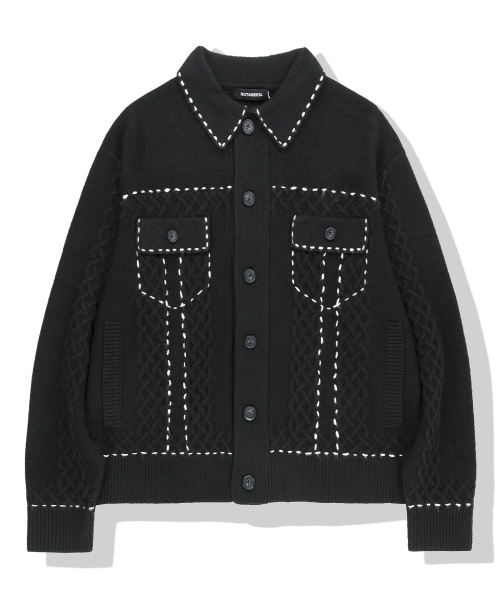 Contrast Stitch Knit Trucker Jacket - Black