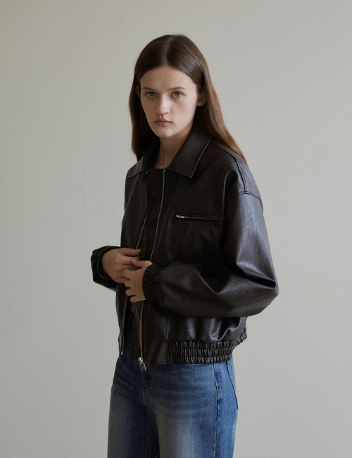 Leather zip-up jumper (Brown)