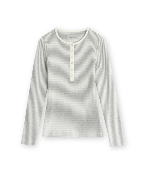 W Henley Neck Long Sleeve, Light Grey Stripe