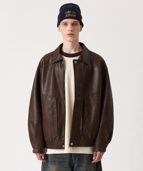 Vintage кожа воротник bomber куртка Brown
