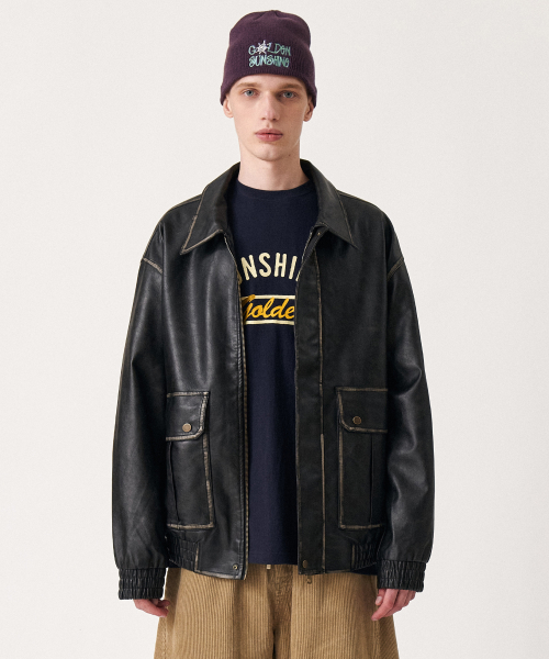 Washed кожа bomber куртка черный
