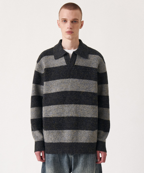 Wool mixed stripe воротник вязаный серый