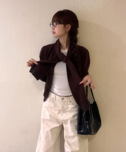 MUFFLER SET STRIPE CARDIGAN BROWN WINE