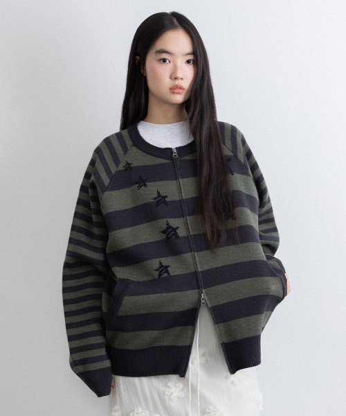 STAR STRIPE RAGLAN вязаный ZIP UP CHARCOAL( CODE0 685A)
