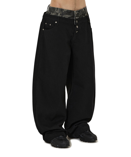 LAYERED WAIST WIDE VOLUME PANTS - черный