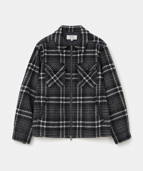 wool check zip-up jacket black