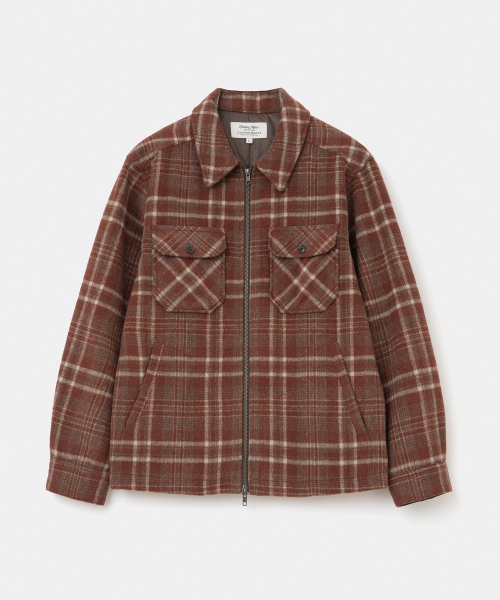 wool check zip-up jacket red