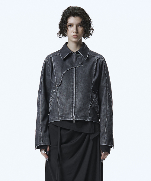 винтаж вареный Leather Jacket [ Navy ]