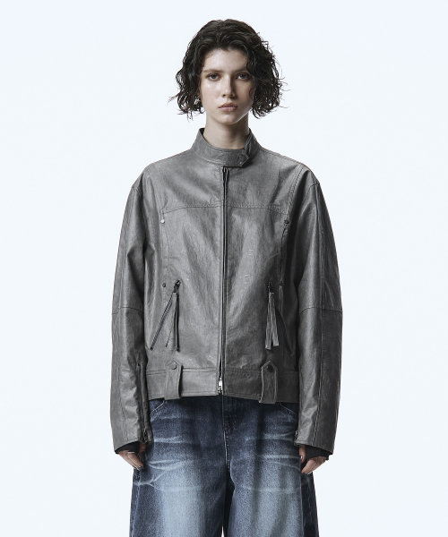 Over-Fit Leather Biker Jacket [ Gray ]
