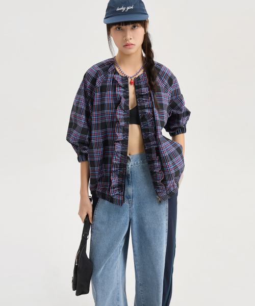 Check Round Neck Front Frill Jumper (dark navy) LFUAM25500NYD