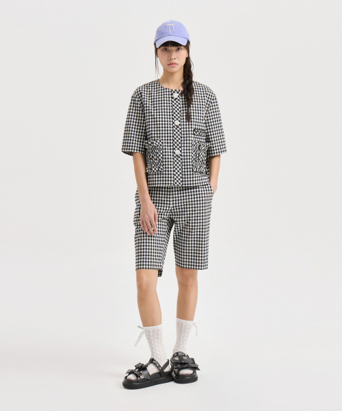 Gingham Check Round Neck Half Sleeve Jacket (black) LFJAM25510BKX