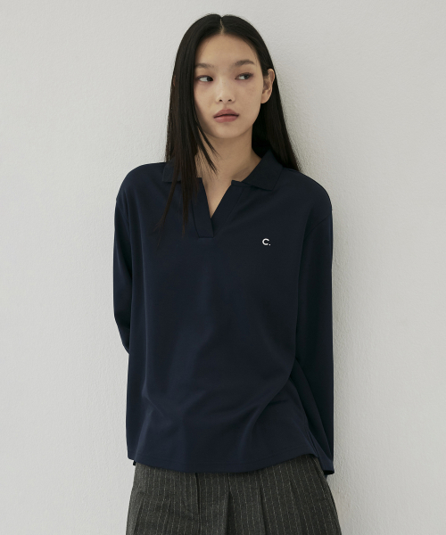 [25FW clove] Stretch Open-Collar T-Shirt (Navy)