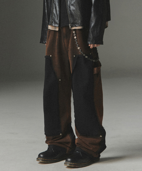 Washed Deconstructed Double Knee Pants - Black