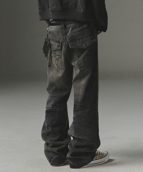Symbol Stitch Low Rise Flare Fit Denim Pants - Black