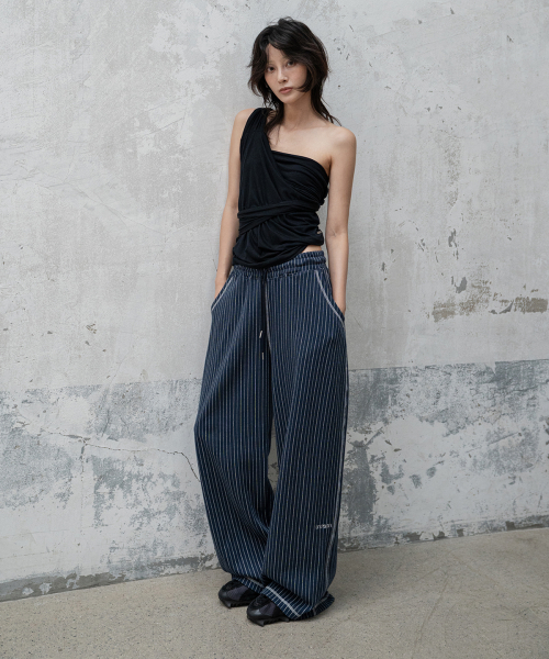 LOGO PINSTRIPE WIDE SWEAT PANTS (NAVY)