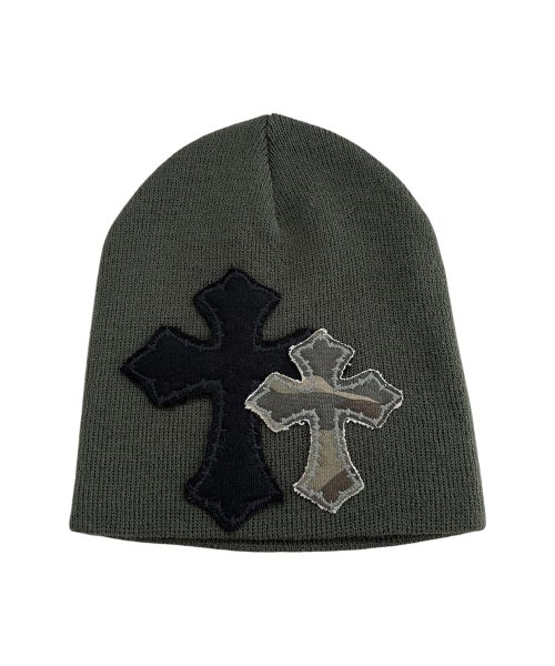 Double Cross Patchwork Beanie ((dark khaki))