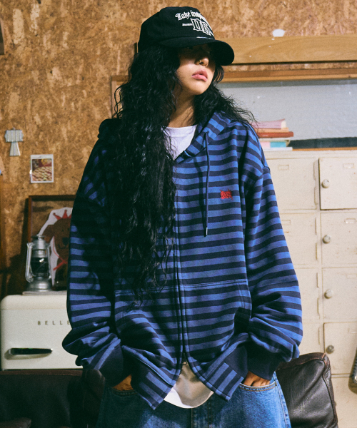 TAG STRIPE HOOD ZIP UP - BLUE