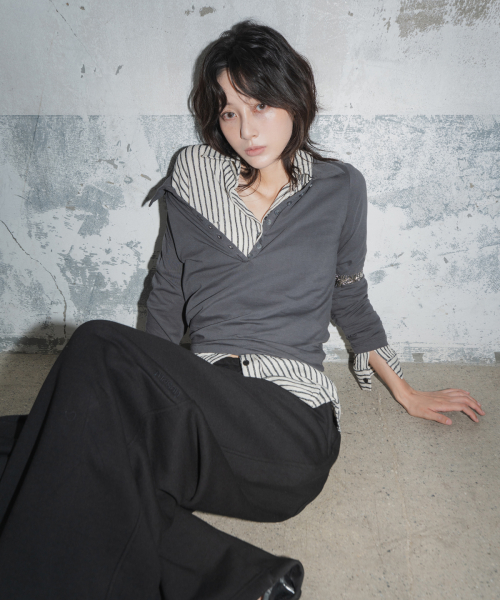 COLLARED BUTTON LONG-SLEEVE T-SHIRT (CHARCOAL)