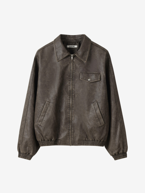 FAKE LEATHER ZIP-UP JACKET_BROWN
