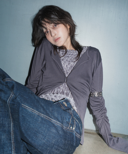 HOOK SLEEVE RUCHED CARDIGAN (CHARCOAL)