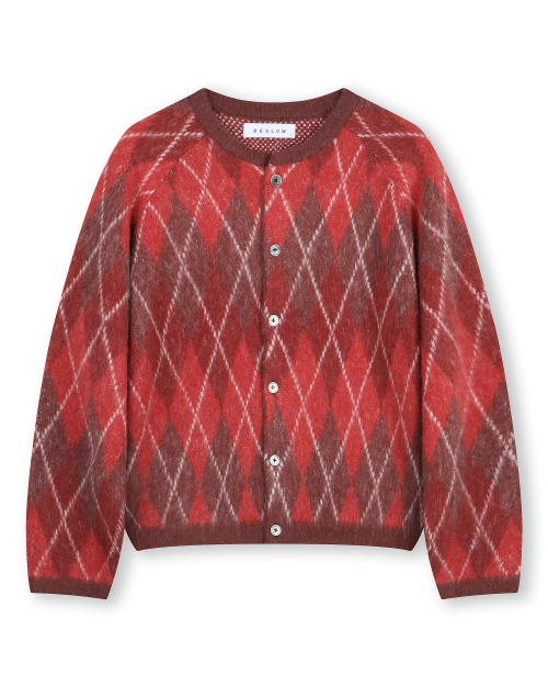 ARGYLE CREW NECK SHORT CARDIGAN RED