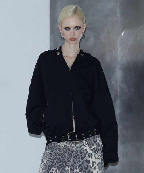 Eyelet Belt Hood Zip-up (BLACK)