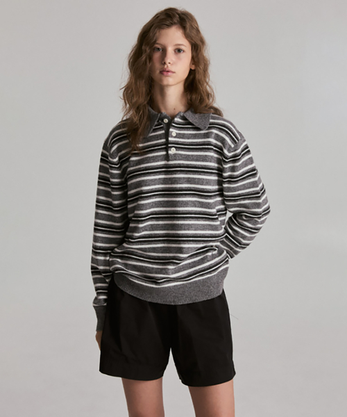Вязаный шерстяной свитер Riven Stripe с воротником (Grey)