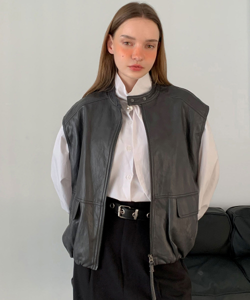 Faux Leather Shirring Zip-Up Vest (3colors)