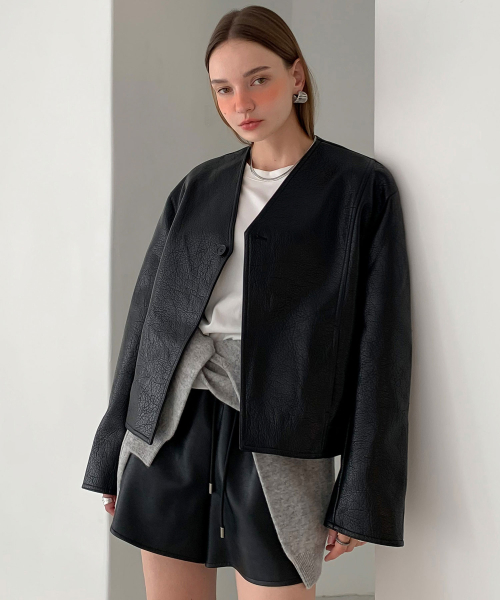 Collarless Faux Leather One Button Jacket (2colors)