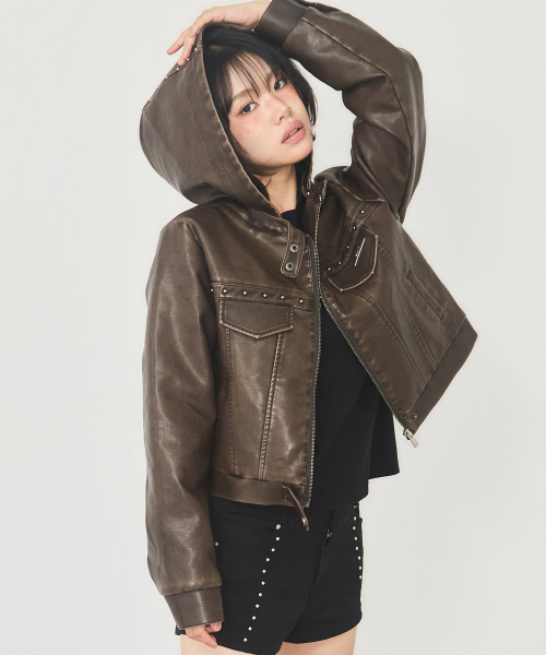 애즈유아() 트랙 레더 후디 자켓 브라운 상품 이미지