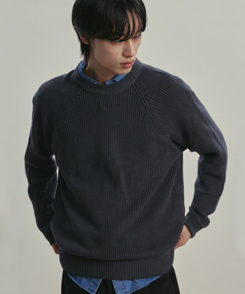 KNITTED [ニティドXファッションプラネット] コットンワッフルラウンドニット チャコール