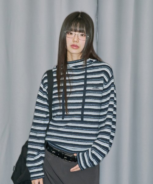 Вязаное худи с водолазкой Stripe Balloon Fit — Navy
